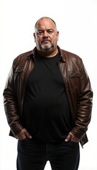 Obraz premium Confident middle-aged man with a serious expression in a leather jacket on a white background
