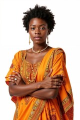 Obraz premium Confident African woman in an orange embellished dress with crossed arms on a white background