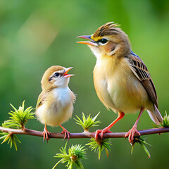 Fototapeta premium baby sitting cisticola bird waiting for food from