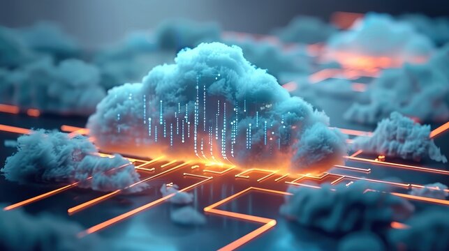 A cloud network with glowing lines representing the flow of data between servers, computers, and mobile devices.
