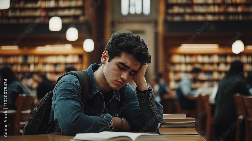 Poster student studying in library with thoughtful expression