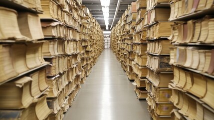 Endless rows of archival folders in a spacious storage facility capturing the essence of organized documentation in a busy urban center