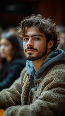 Handsome Young Man with Curly Hair and Beard in a Brown Fleece Jacket