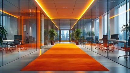 Modern style office, colored glass partition door, and also an open office area. desks and chairs, there is a low saturation orange red carpet with light strips.