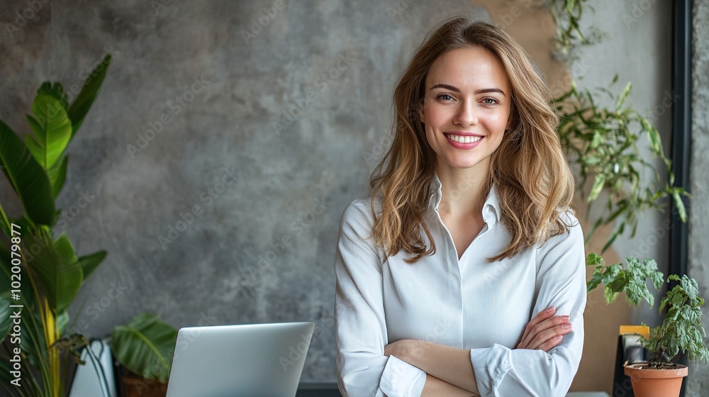 Wall mural Smiling Woman in Modern Office Setting