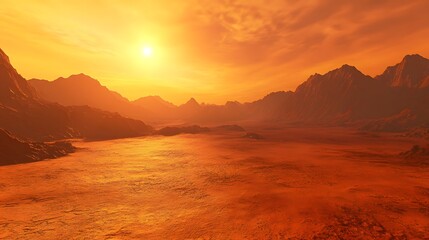 A vast, red desert landscape on Mars with mountains in the background.