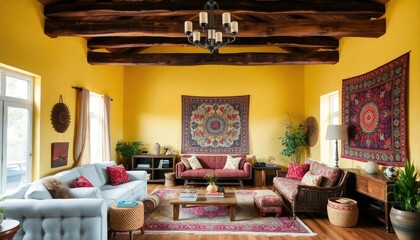 A cozy Bohemian living room with a rustic wooden beam ceiling, soft yellow walls, a large tapestry, and eclectic furniture that invites comfort and creativity.