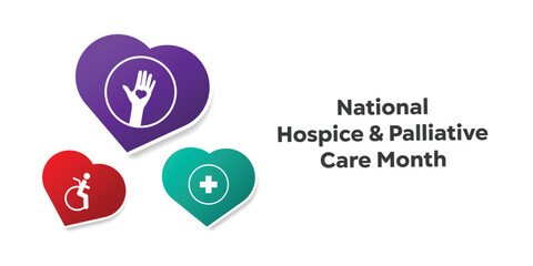 National Hospice and Palliative Care Month. Hand, people, plus icon and heart. Great for cards, banners, posters, social media and more. White background.  