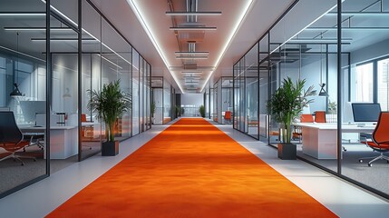 Modern style office, colored glass partition door, and also an open office area. desks and chairs, there is a low saturation orange red carpet with light strips.