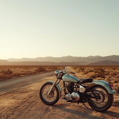 A hyperrealistic photograph of a vintage motorcycle parked near a dusty desert road at sunset, showing every texture and detail