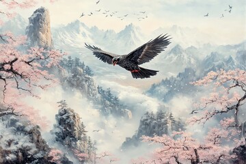 A Japanese Tengu, a birdlike warrior, flying over a mountainous landscape with sakura trees