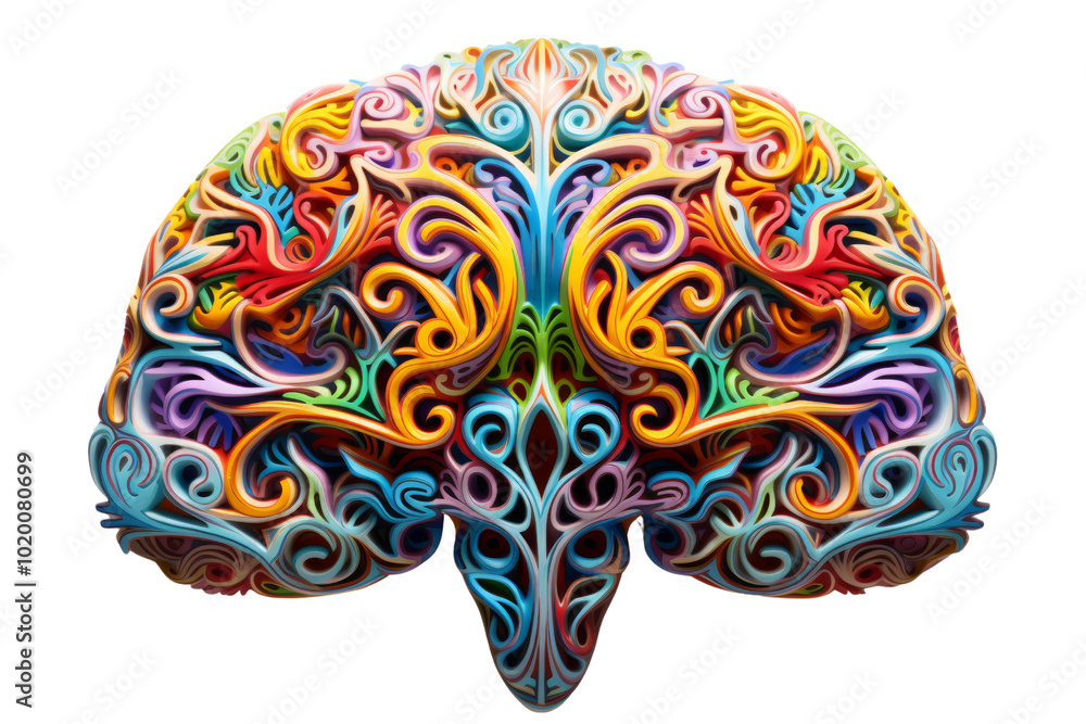 Poster A vibrant, intricate representation of a brain formed with colorful swirls and floral patterns, symbolizing creativity and thought.