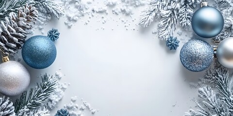 Beautiful silver and blue holiday decorations on snowy background. Generative AI.