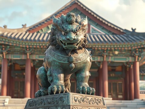 A Korean Haetae, a lionlike guardian, standing fiercely in front of a royal palace