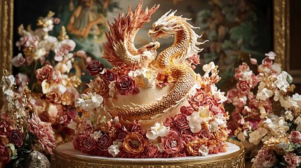 Obraz premium A lavish, ornate cake featuring a dragon and phoenix entwined among blooming roses and orchids, against a regal backdrop