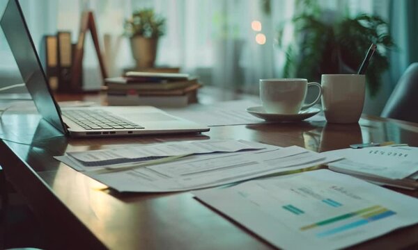 A workspace with a laptop, documents, and a pen on a wooden table, ideal for business, office, or home office settings