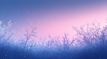 Frosty winter branches against a pink and blue gradient sky