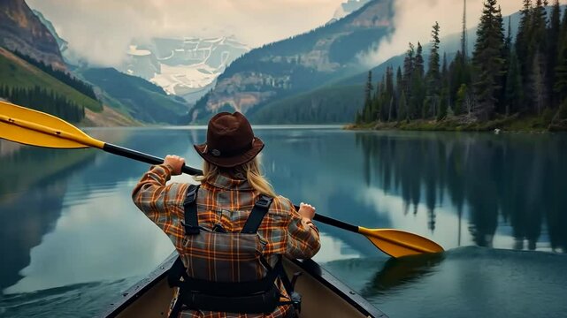 A solitary adventurer rows a canoe on a tranquil lake amidst stunning nature.