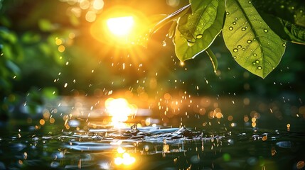 Fototapeta premium Beautiful sparkling raindrops falling on leaves and water. the sun is shining through the rain.