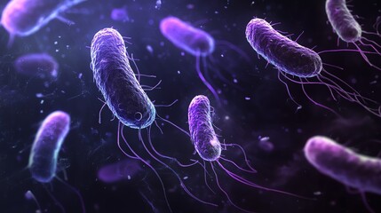 A microscopic image of bacteria swimming through a fluid, with their flagella moving in unison