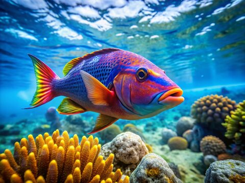 Vibrant Polok Fish Swimming Gracefully in Clear Blue Waters of a Tropical Underwater Environment