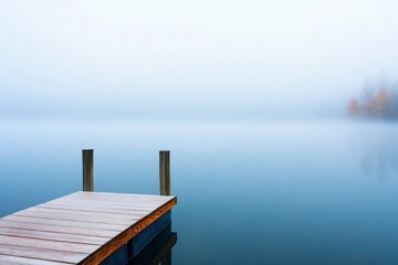 Fototapeta premium A tranquil foggy lake with a wooden dock reflecting serene blue tones, creating a peaceful and contemplative atmosphere.