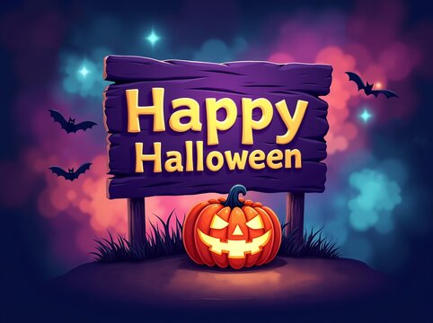 Halloween themed Nebula colorful cosmic with sign "Happy Halloween"