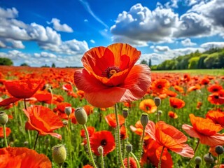 Vibrant Poppy Flower Field in Full Bloom Under a Clear Blue Sky on a Sunny Day in Springtime