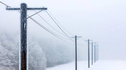 A desolate winter landscape featuring icy power poles fading into a foggy background, conveying a sense of cold solitude.