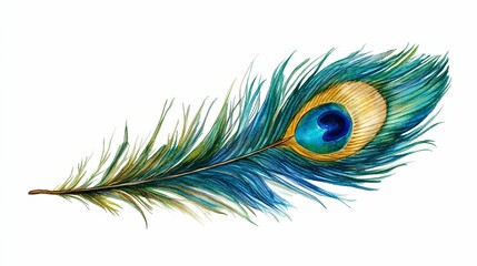 Obraz premium Watercolor Painting of a Single Peacock Feather with an Eye Spot