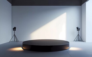 A 360-degree virtual reality studio with a round black podium and three lights on the floor, white walls, a concrete floor, and a camera mounted in front of it pointing at the wall