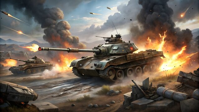 armored tank shooting on a battlefield in a war