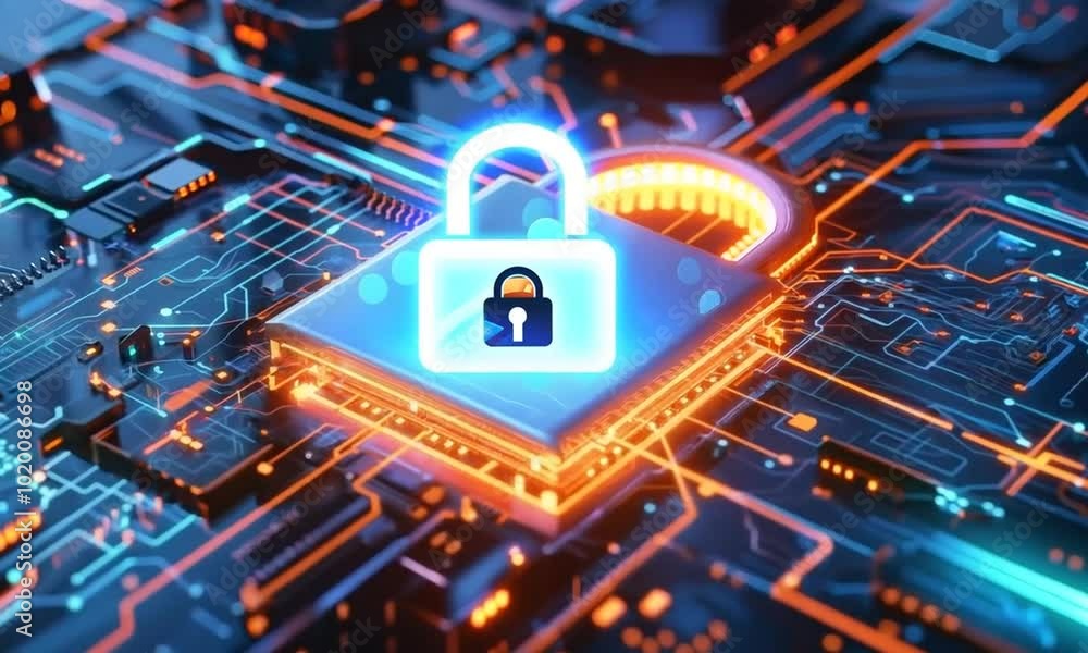Poster visualize digital security with a glowing padlock integrated into a circuit board, perfect for a sle