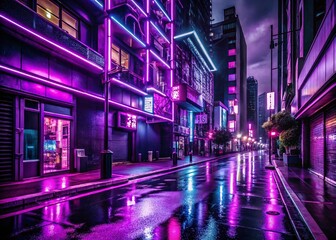 Vibrant Purple Neon Signs Illuminating a Dark Urban Scene at Night with a Futuristic Atmosphere