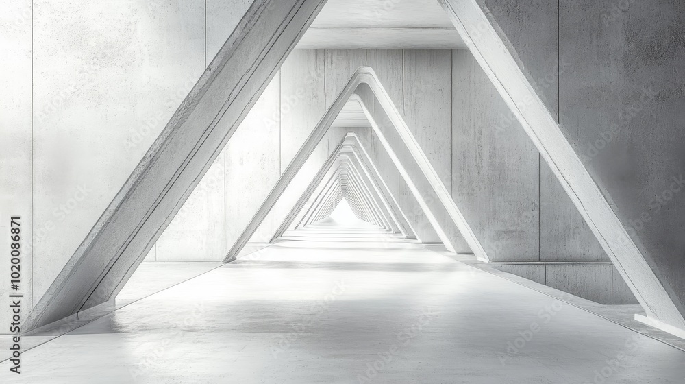 Poster abstract concrete structure with triangular beams leading to a bright light