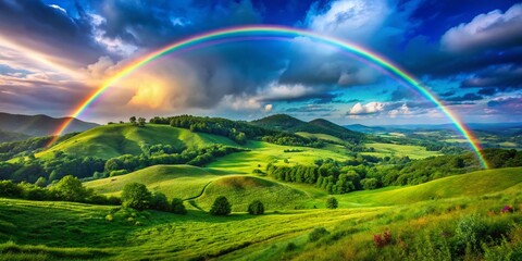 Fototapeta premium Vibrant Rainbow Arcing Over Lush Green Hills Under a Clear Blue Sky in a Serene Landscape Scene