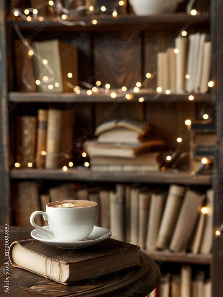 Aufkleber A steaming cup of coffee sits atop a stack of books, surrounded by warm lighting, creating an inviting atmosphere for reading. Generative AI