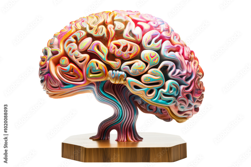 Poster Colorful abstract brain sculpture representing creativity and thought processes, isolated on a white background.
