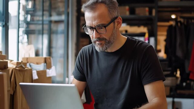 Business Owner Managing Online Orders in Retail Store Amidst Shipping Boxes