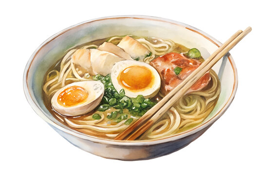 Watercolor hand drawn ramen on a white background