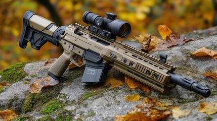 A tactical firearm resting on a rocky surface among autumn leaves.