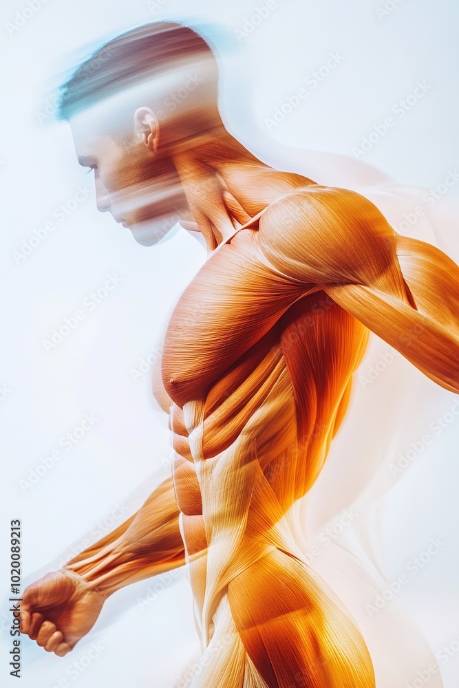 Poster dynamic muscle anatomy of running man in motion.