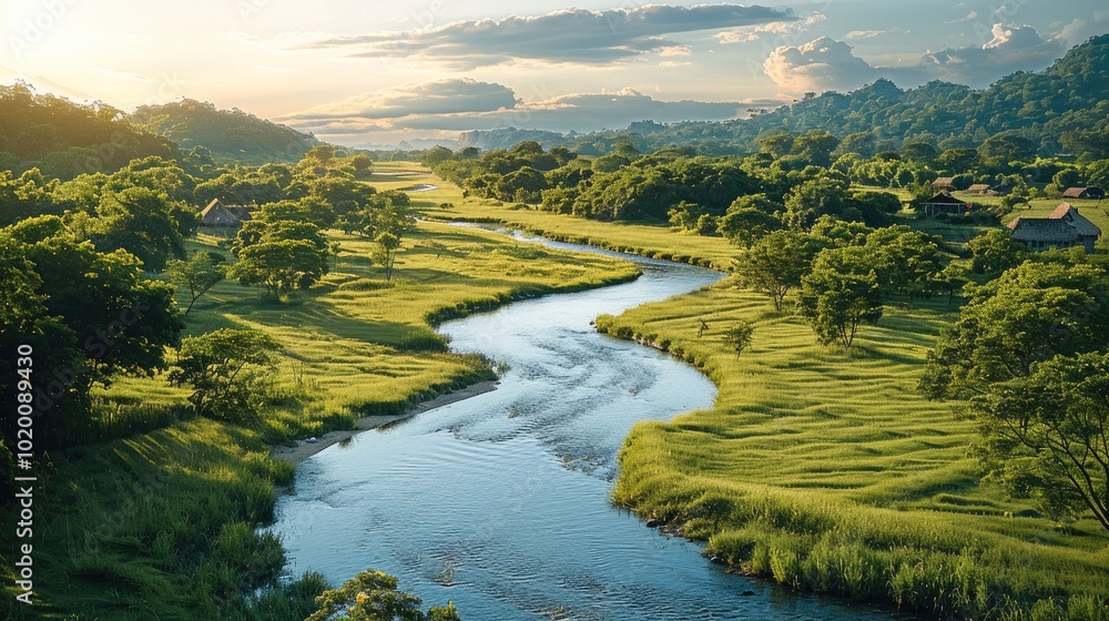 Poster green trees, a winding stream cuts through the fields, there are some villages on both sides of the 
