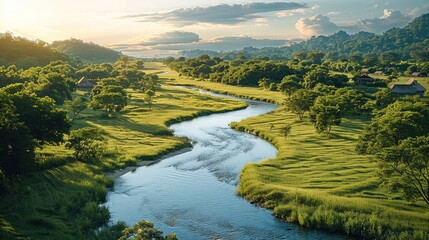 Fototapeta premium Green trees, A winding stream cuts through the fields, There are some villages on both sides of the creek, The clear water reflects the blue sky and white clouds.