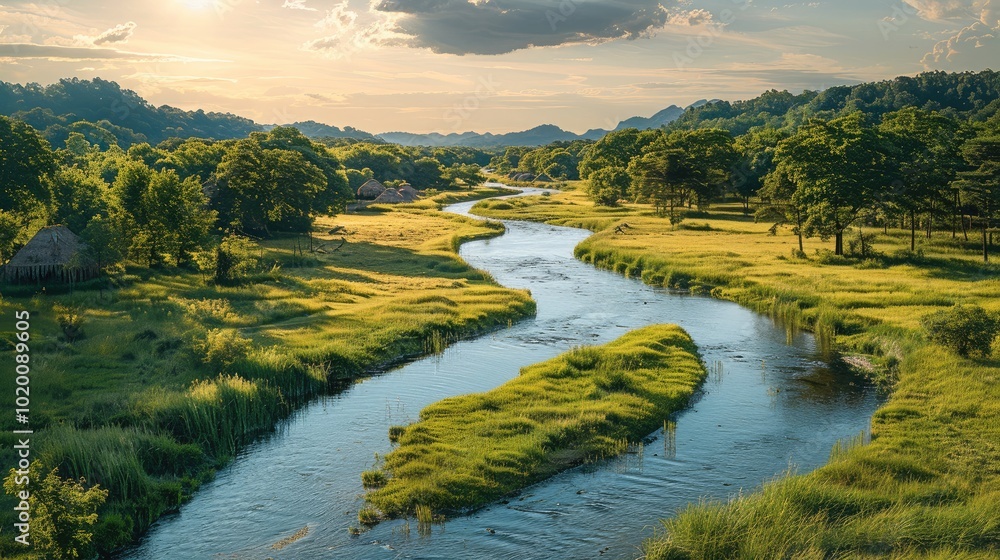 Poster green trees, a winding stream cuts through the fields, there are some villages on both sides of the 