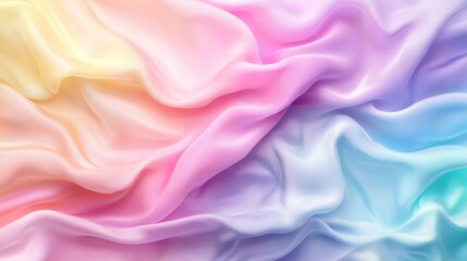 Fototapeta premium Delicate fabric drapes elegantly in a blend of soft pastel colors, featuring a harmonious mix of pink, yellow, and blue shades that flow into one another