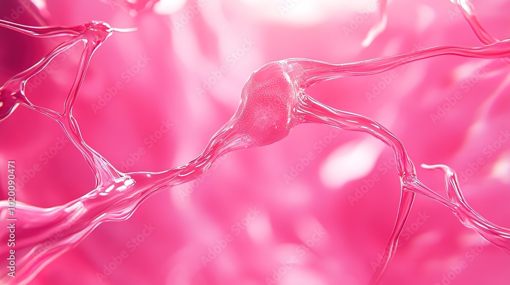 Poster neuron network close-up with synaptic activity in pink hue.