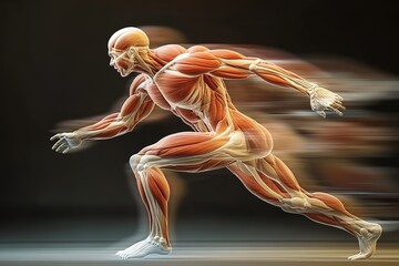 Muscular system of sprinting human body in motion