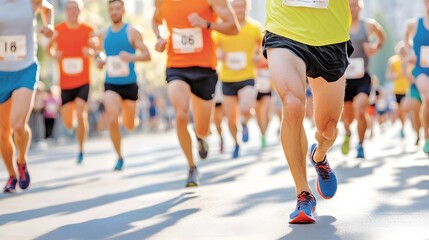 Fototapeta premium A vibrant group of runners races forward in a sunny environment, showcasing enthusiasm and teamwork in a competitive running event.