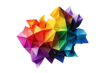 Colorful geometric design featuring a vibrant burst of triangular shapes against a white background.